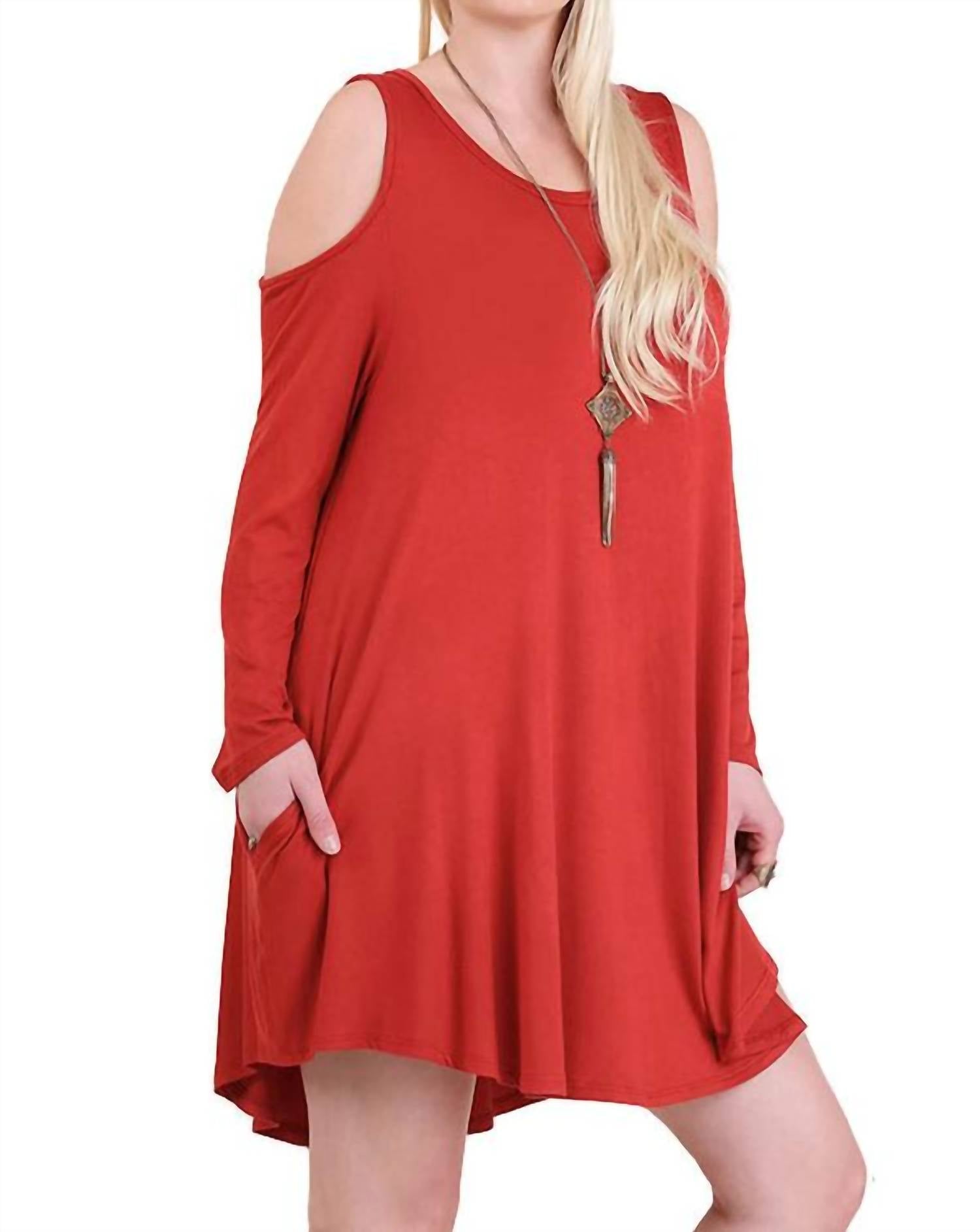 umgee Cold Shoulder T-shirt Dress in rust - women's dress - detail view