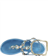 Azalea Wang - Women's Marinella Jewel Embellished Ankle Wrap Thong Sandals