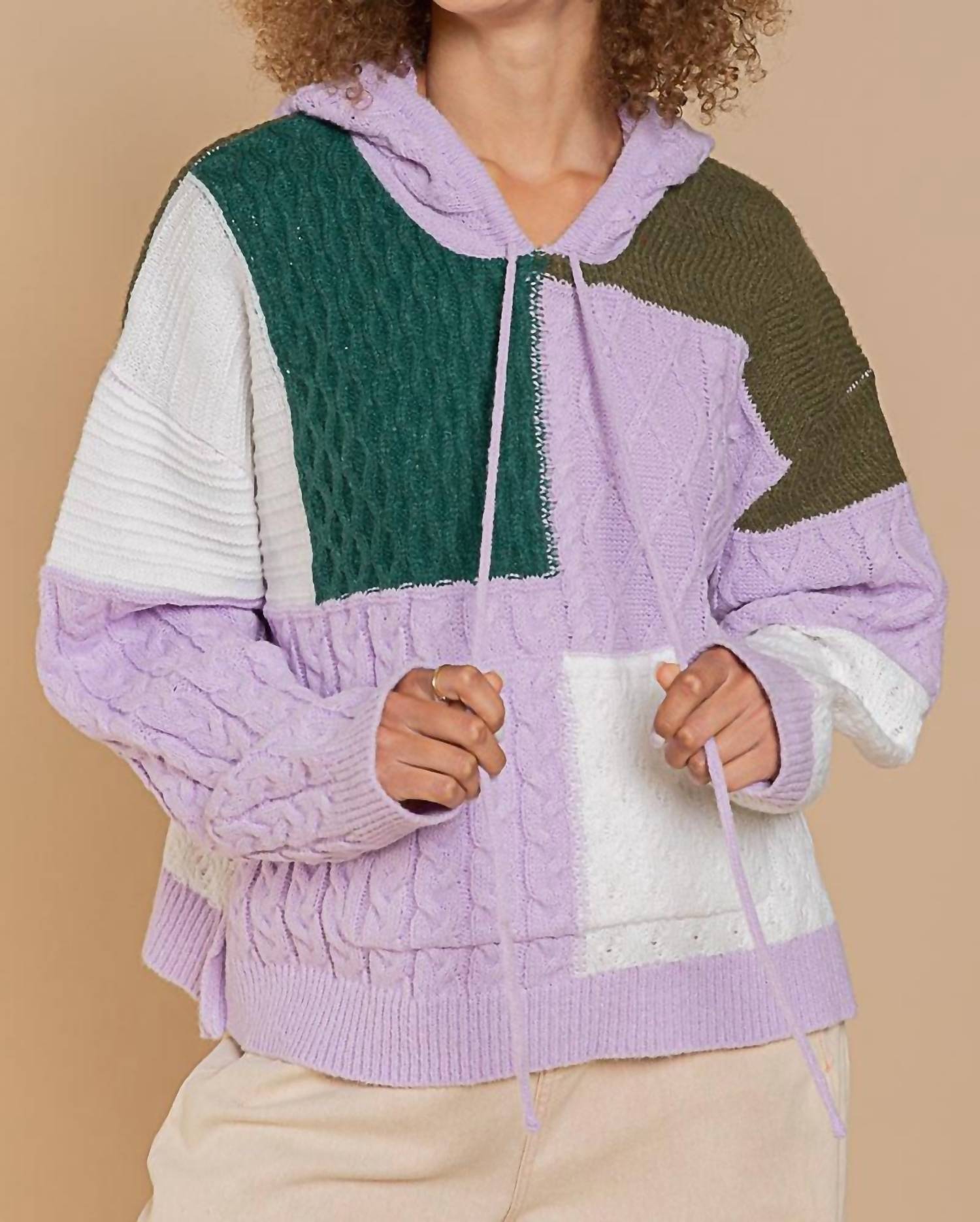 Pol - Color Block Knit Hoodie With Pocket