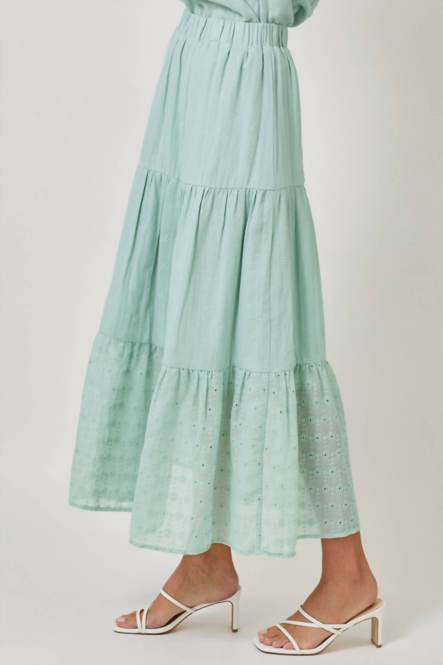 mystree Embroidered Eyelet Tiered Skirt in pale seafoam - women's skirt - detail view