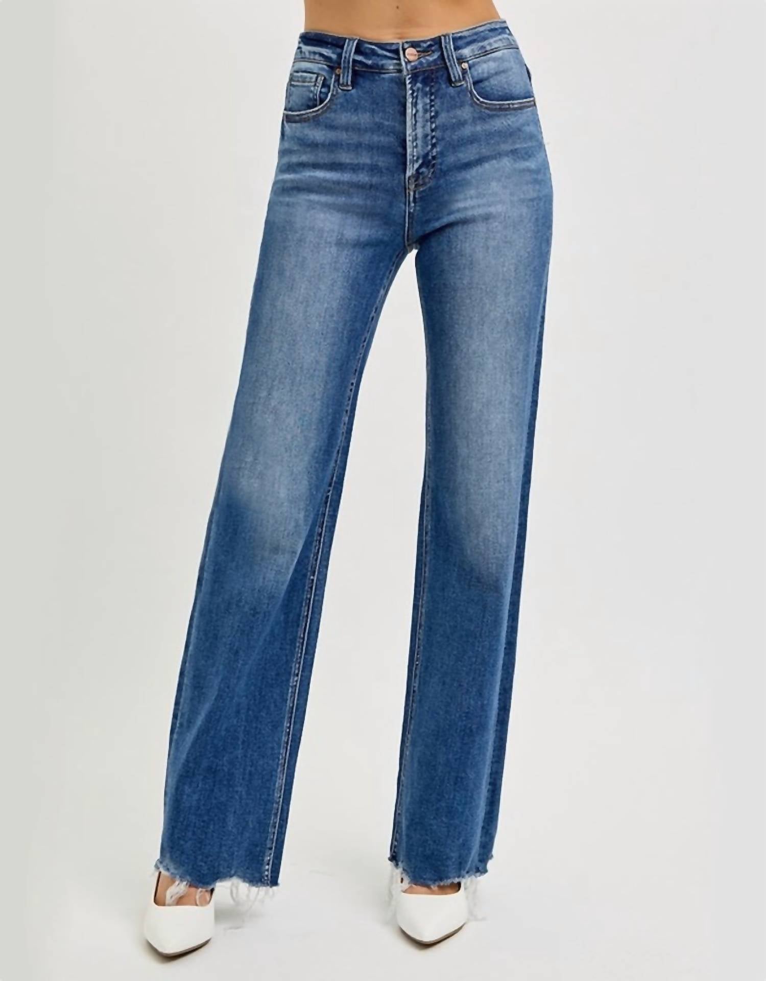 Risen - Tina Tummy Control High Rise Wide Leg Raw Cut Hem Jeans