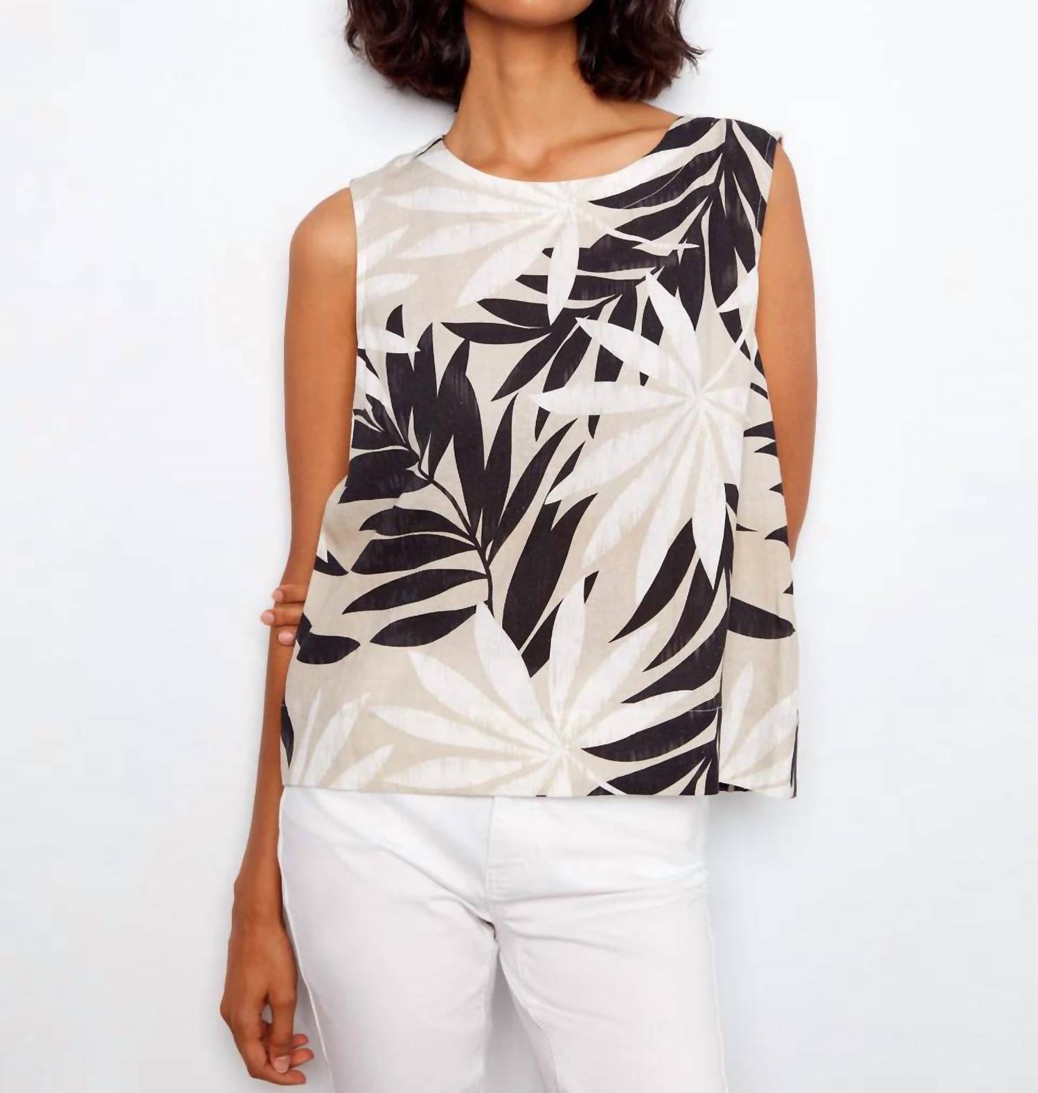 Charlie B - Leaflet Print Linen Blend Sleeveless Blouse