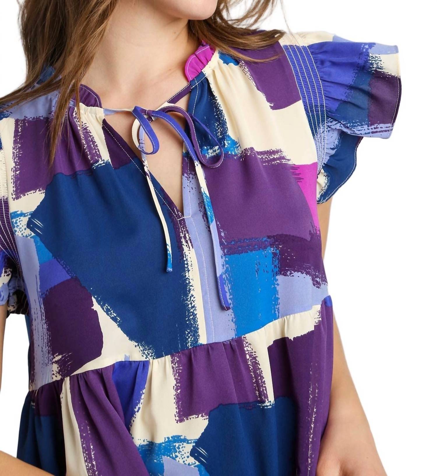 Umgee - Brushstroke Smocked Flutter Sleeve Dress