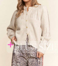 J.NNA Soft Knit Eyelet Cardi Sweater - Plus in light sand - women's cardigan