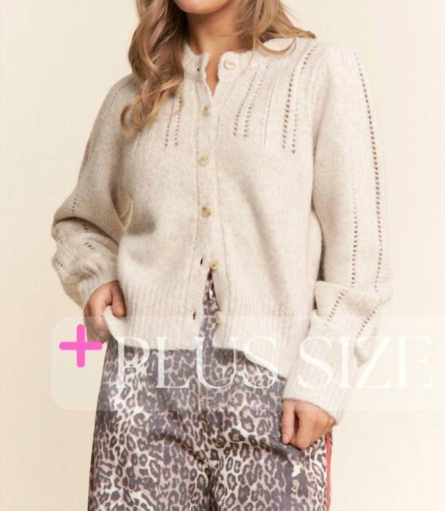J.NNA Soft Knit Eyelet Cardi Sweater - Plus in light sand - women's cardigan