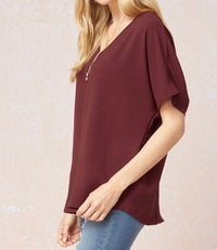 entro Solid V-neck Top in burgundy - women's blouse - alternate view