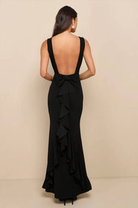 Lulus Exquisite Refinement Backless Bow Ruffled Maxi Dress in black - women's dress - detail view