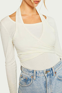 LAYERED HALTERNECK RIBBED-KNIT TOP