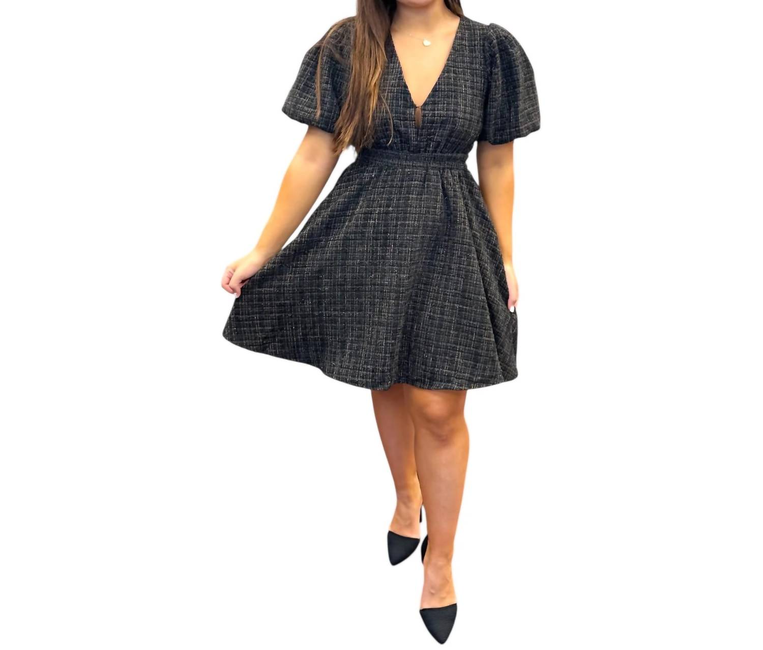 Meet Me In Santorini - Tweed Deep V Puff Sleeve Mini Dress