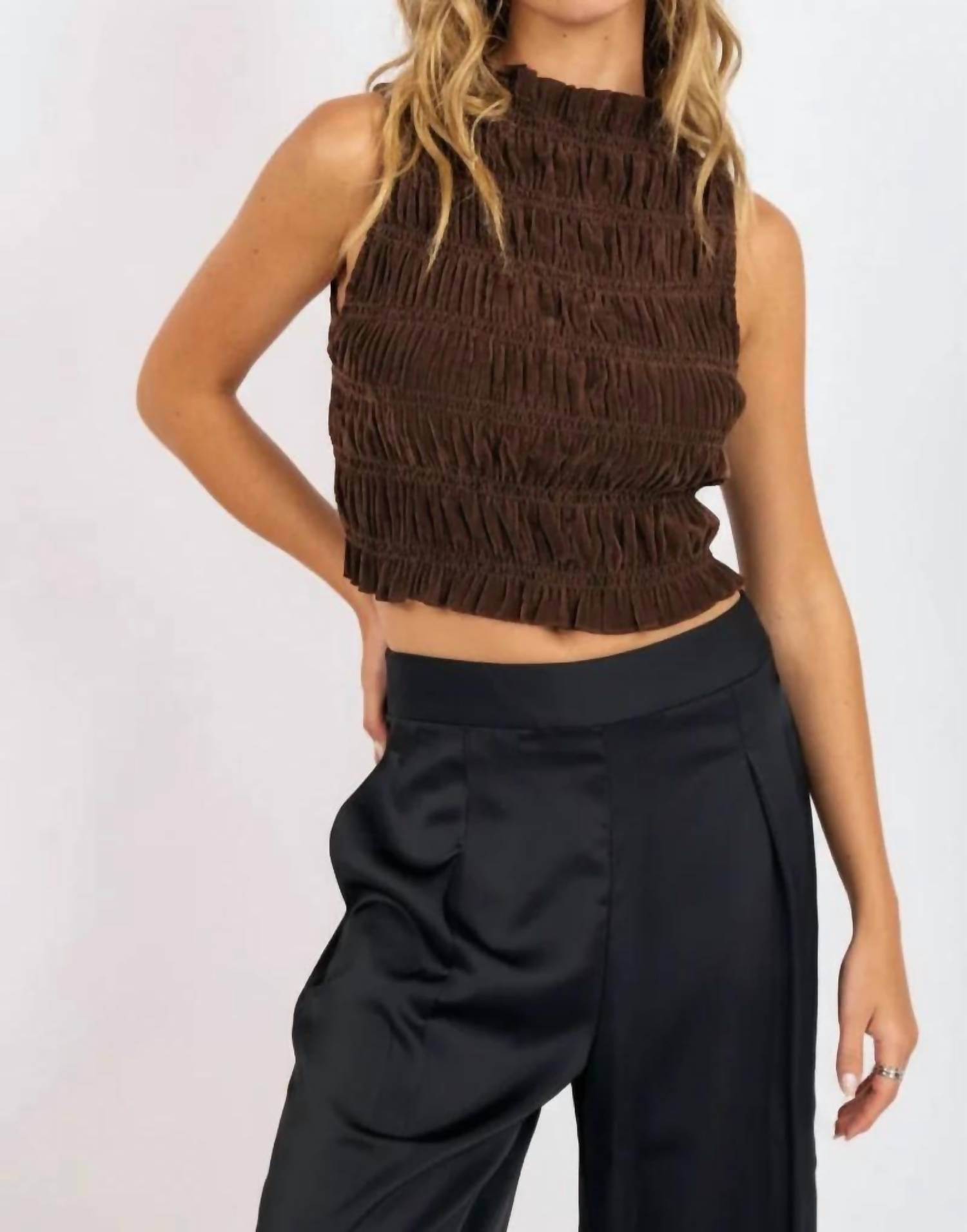 SAGE THE LABEL Smocked Neck Top in oak - women's shirt
