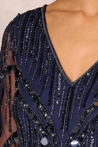 Aidan Mattox - V-neck Illusion Long Sleeve Mesh Dress