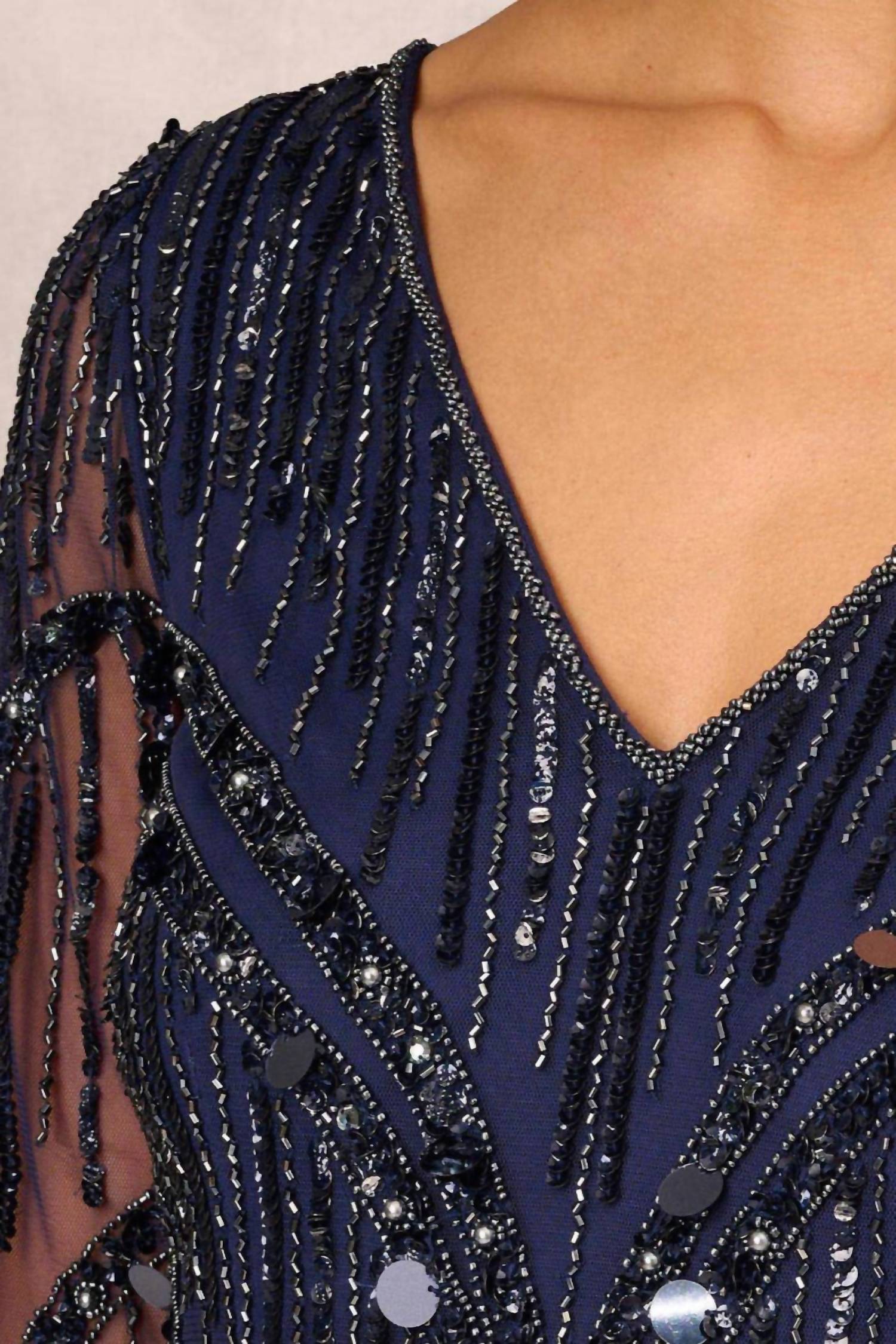 Aidan Mattox - V-neck Illusion Long Sleeve Mesh Dress