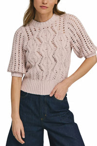 Cotton By Autumn Cashmere - Elbow Mesh Sleeve Cable Crew Top
