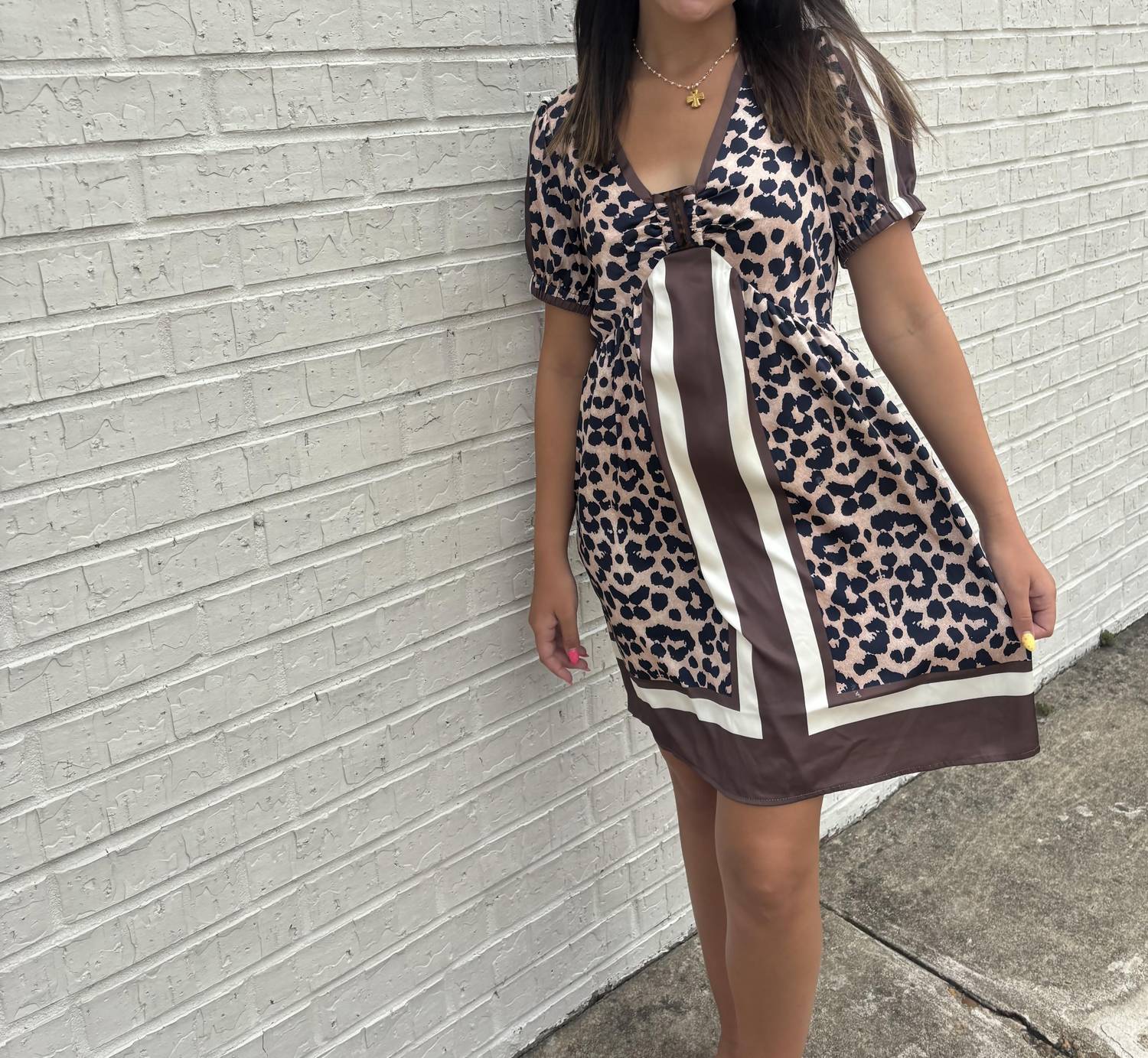 Joy Joy V-neck ring dress in leopard border - women's dress - alternate view