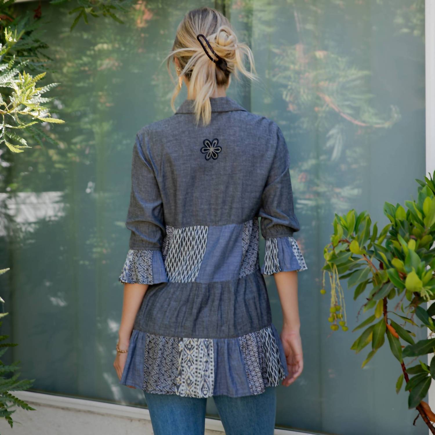 Young Threads - 3/4 Ruffle Sleeves Western Blouse Top