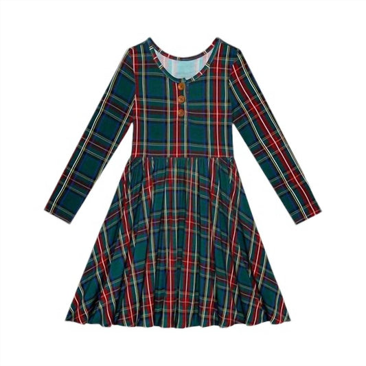 Posh Peanut - Girl's Plaid Long Sleeve Henley Twirl Dress