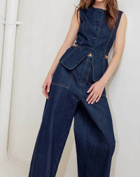 FLYING TOMATO Denim Sleeveless Vest in dark denim - women's jacket - view 4