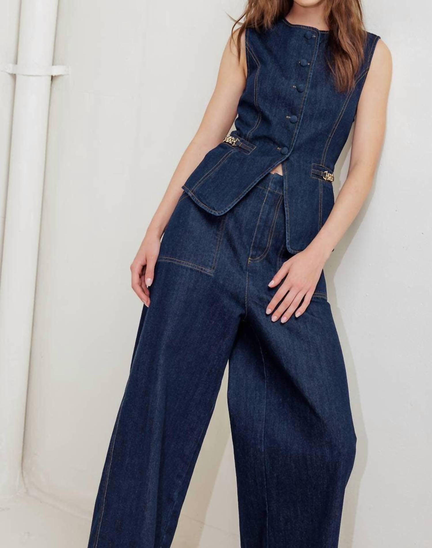 FLYING TOMATO Denim Sleeveless Vest in dark denim - women's jacket - view 4