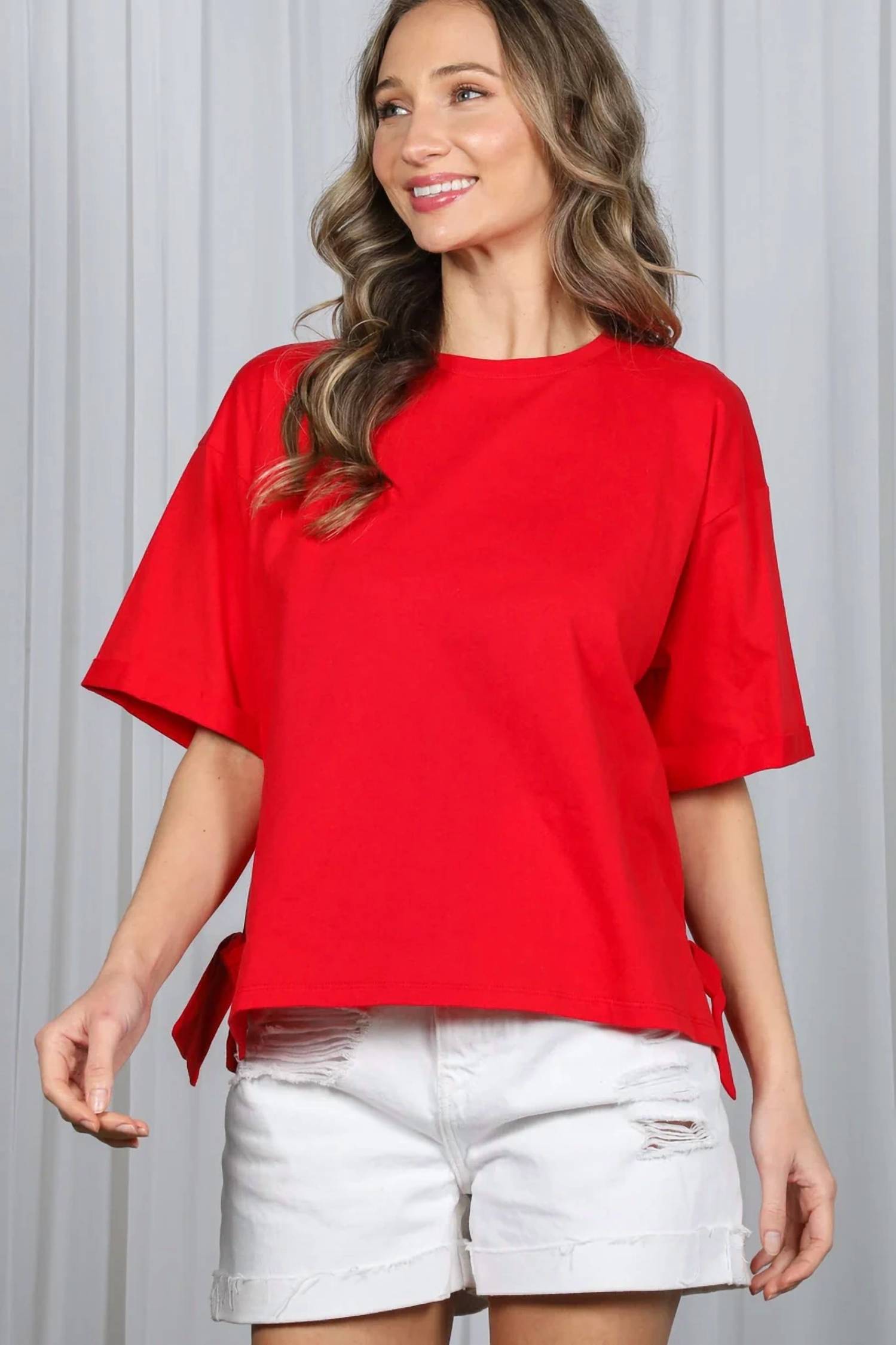 Vine & Love - Side Slit Bow Cotton Knit Top