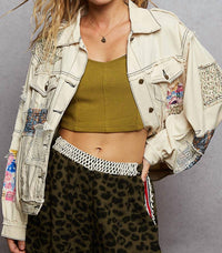 POL Patch And Net Work Jacket in oatmeal - women's jacket - detail view