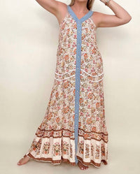 Davi & Dani - floral border printed v neck sleeveless maxi dress