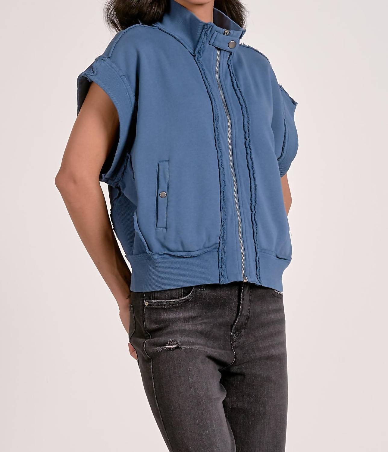 ELAN Zippered Capsleeve Vest in blue - women's sweater - alternate view