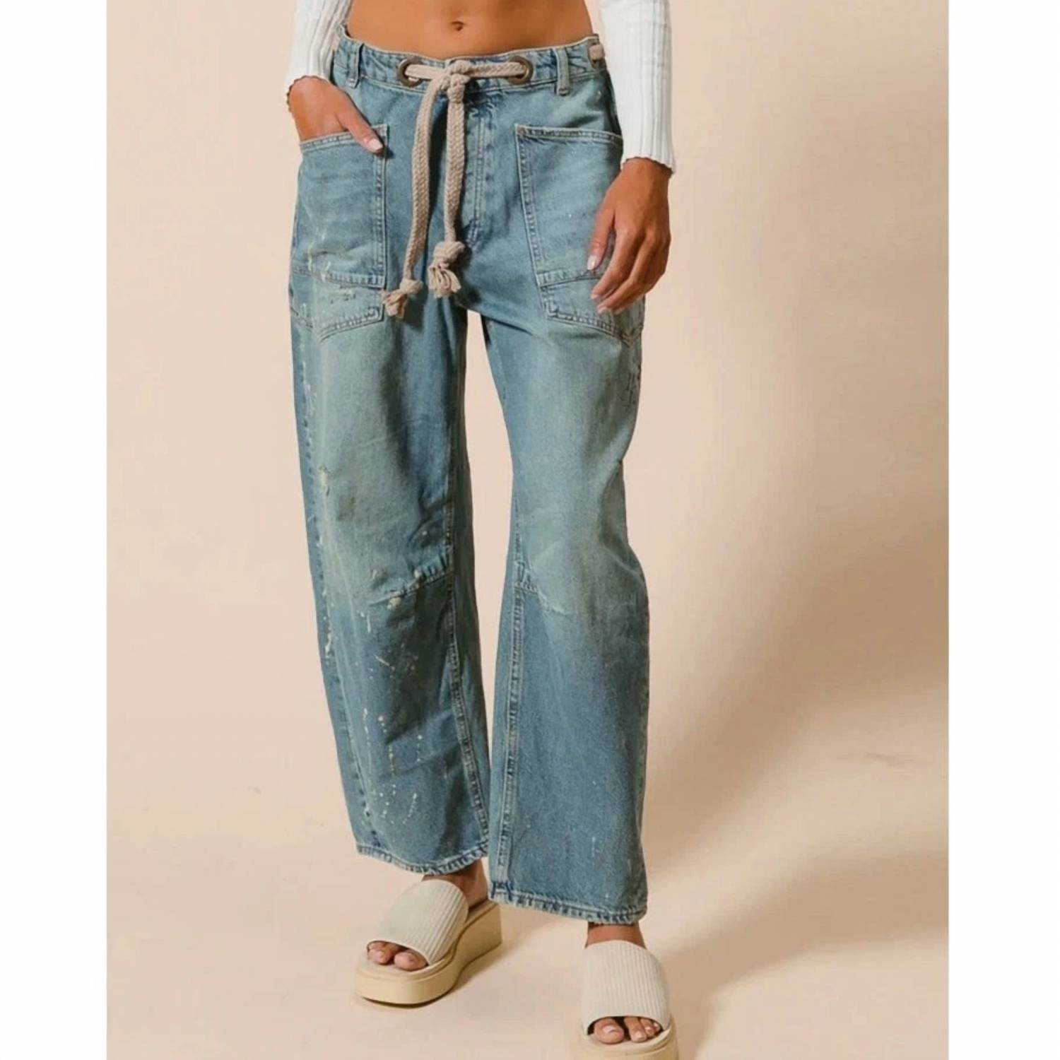 Bibi - Paint Splatter Button Fly Denim Pants With Braided Belt Detail