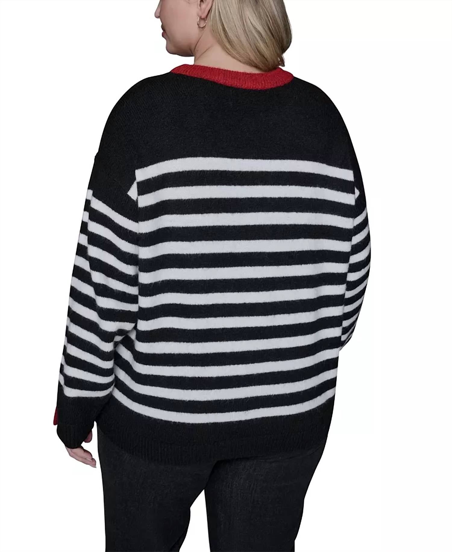 KARL LAGERFELD Women's Striped Sweater With Button Cuff Detail in black white maroon - women's sweater - detail view