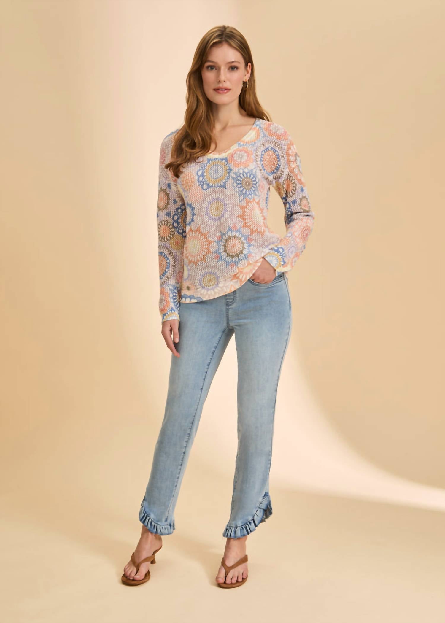 Fdj - V Neck Print Sweater Top