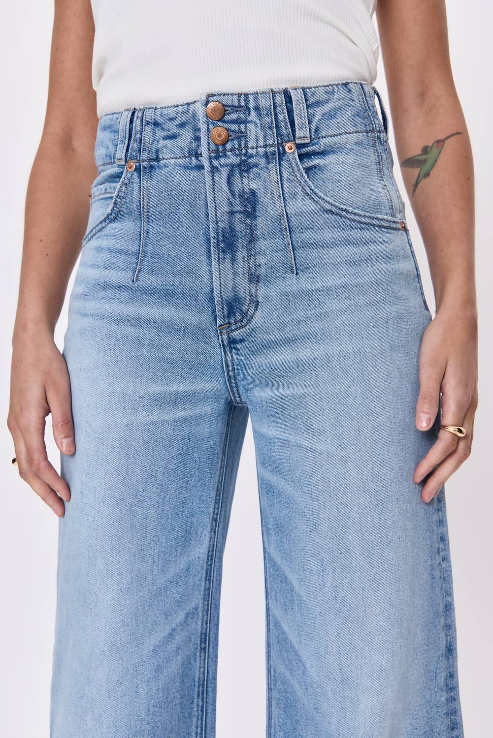 PISTOLA Women's Lana High Rise Double Button Ultra Wide Leg Jeans in terrace - women's jeans - detail view