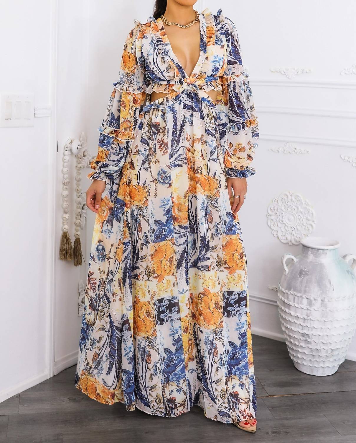 SurelyMine Boho Floral Cutout Lace-up Maxi Dress in cream - women's dress - view 10