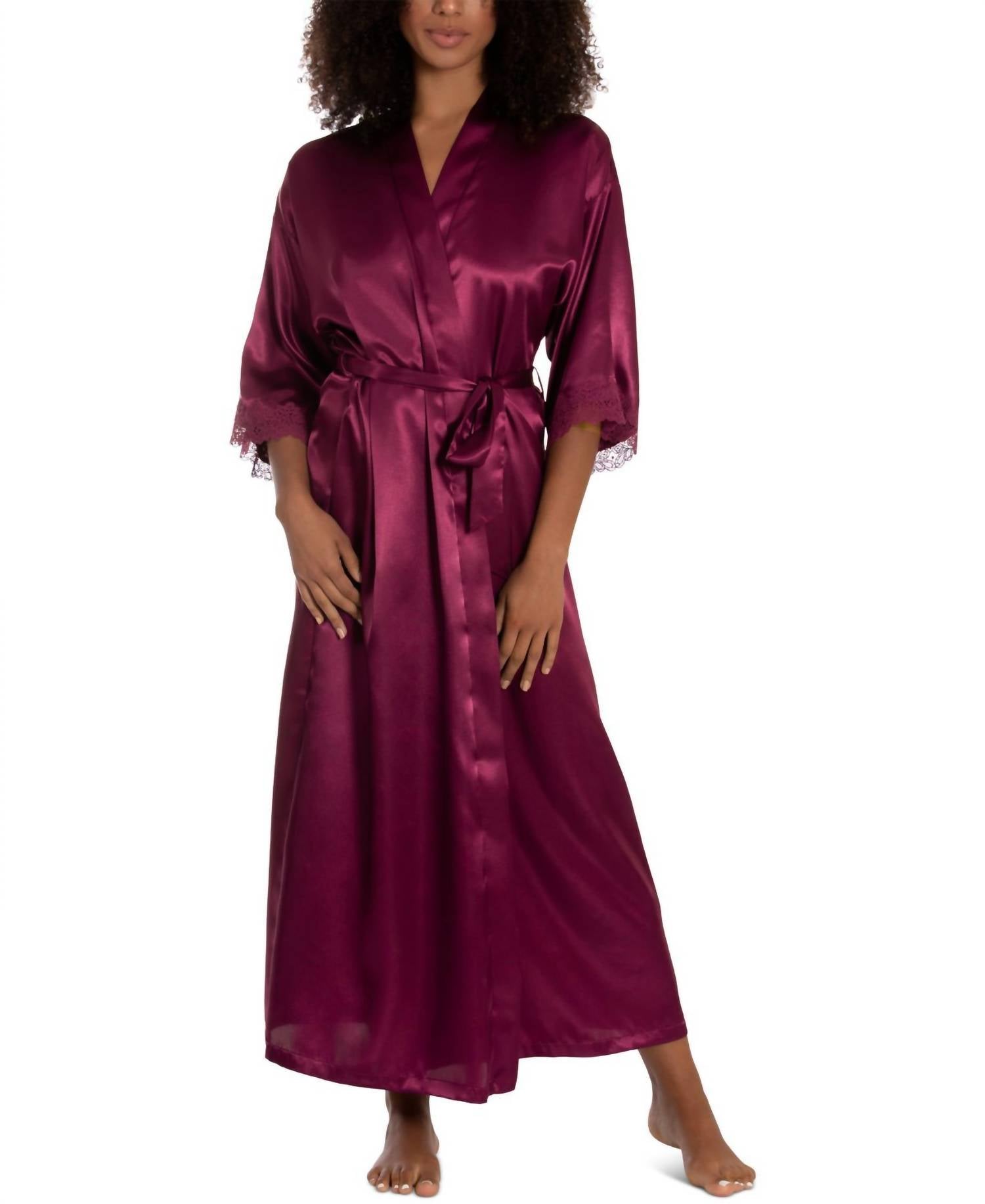 Linea Donatella - Lace-trim Long Charmeuse Satin Wrap Robe