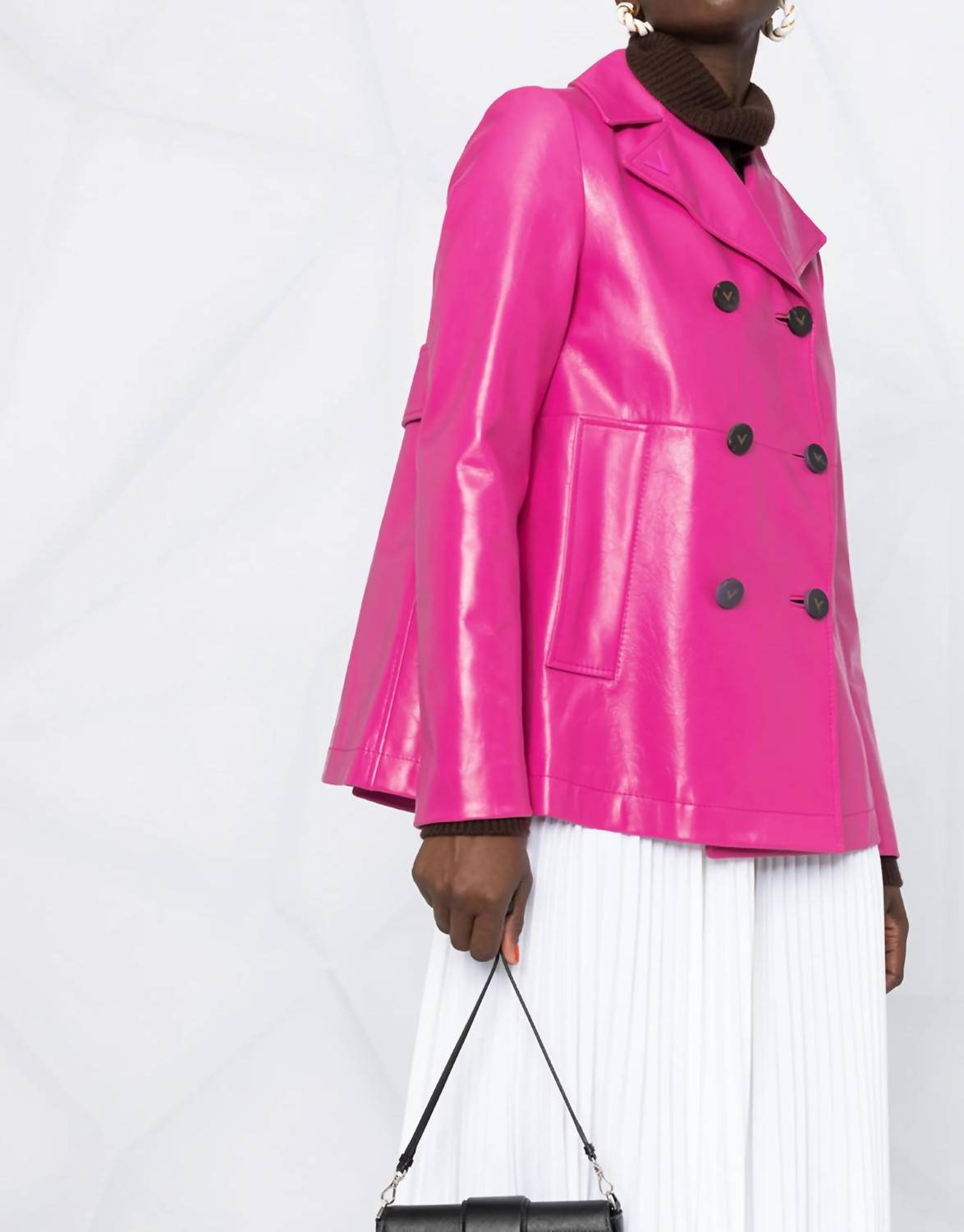 Valentino Double Breasted Leather Jacket in shocking pink - women's jacket