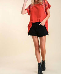 Umgee - Embroidered Sleeve Frayed Ruffle Trim Top