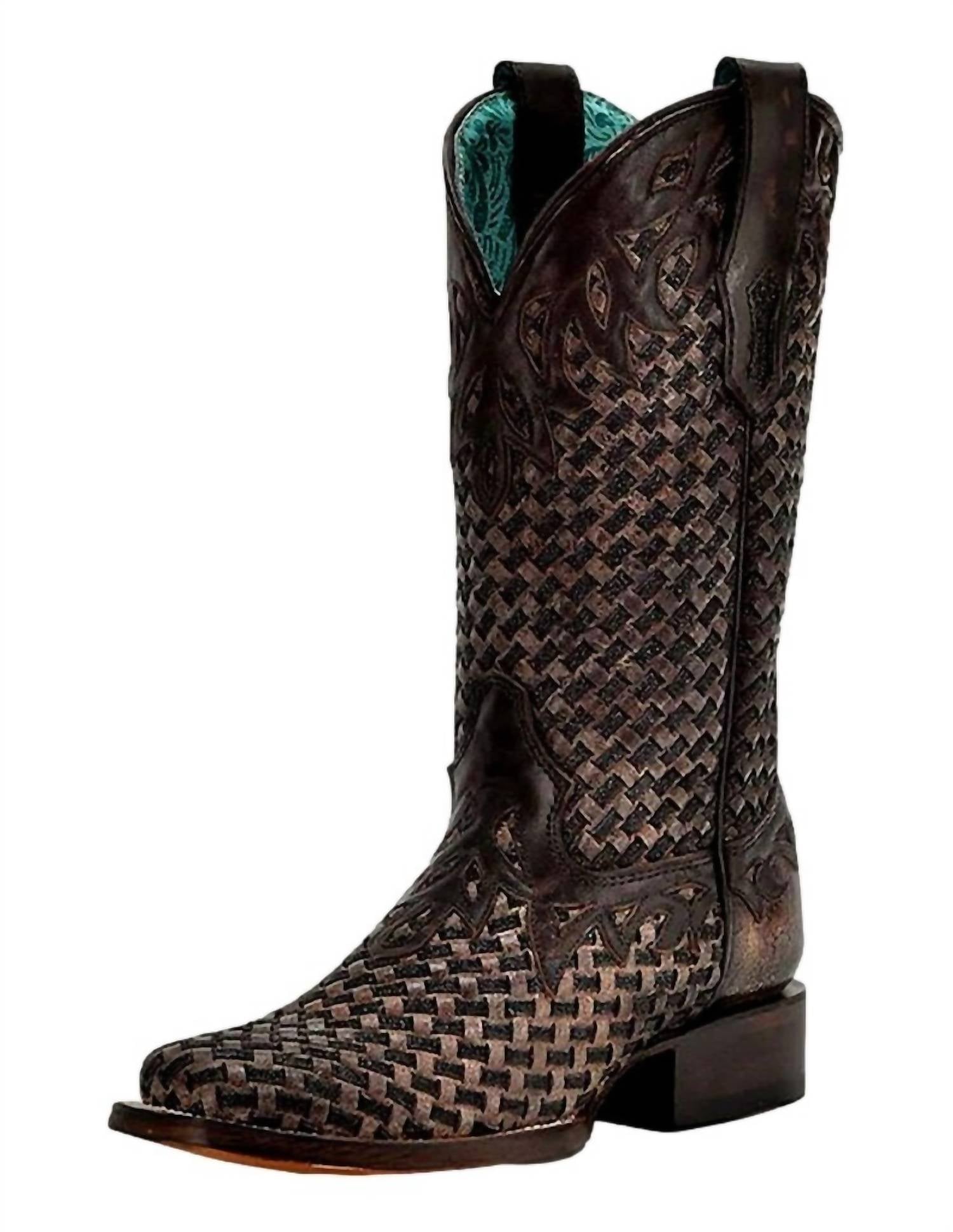 Corral Women's Glitter Woven Fashion Square Toe Boot in chocolate - women's shoe - detail view