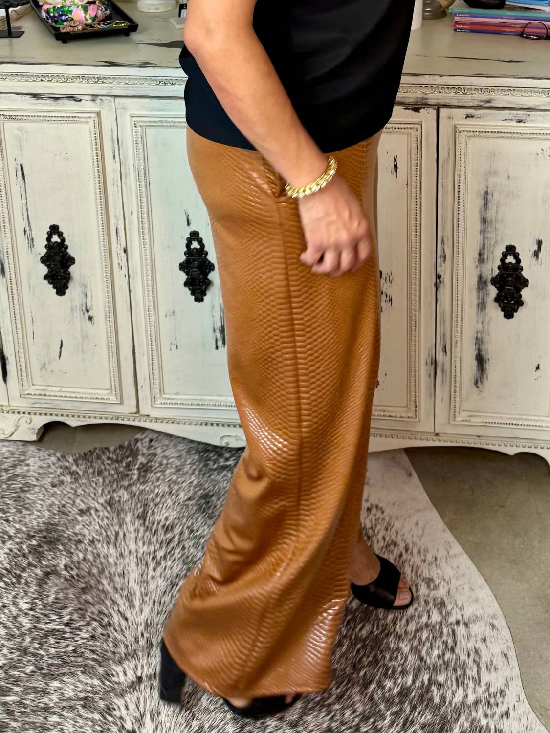 Adrienne - Faux Leather Embossed Pants