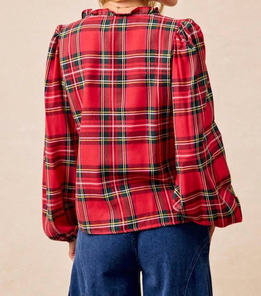 Bibi - Christmas Plaid Balloon Sleeved Top