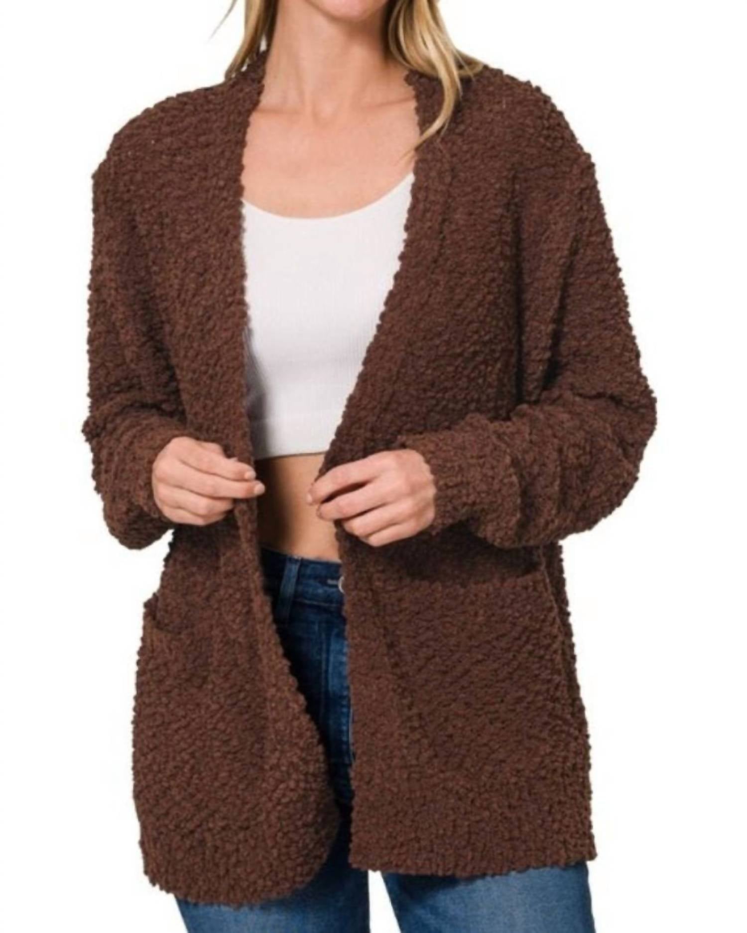 Zenana - Long Sleeve Popcorn Sweater Cardigan With Pockets