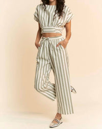 Davi & Dani - Striped Cropped Wrap Top And High Waisted Pants Set