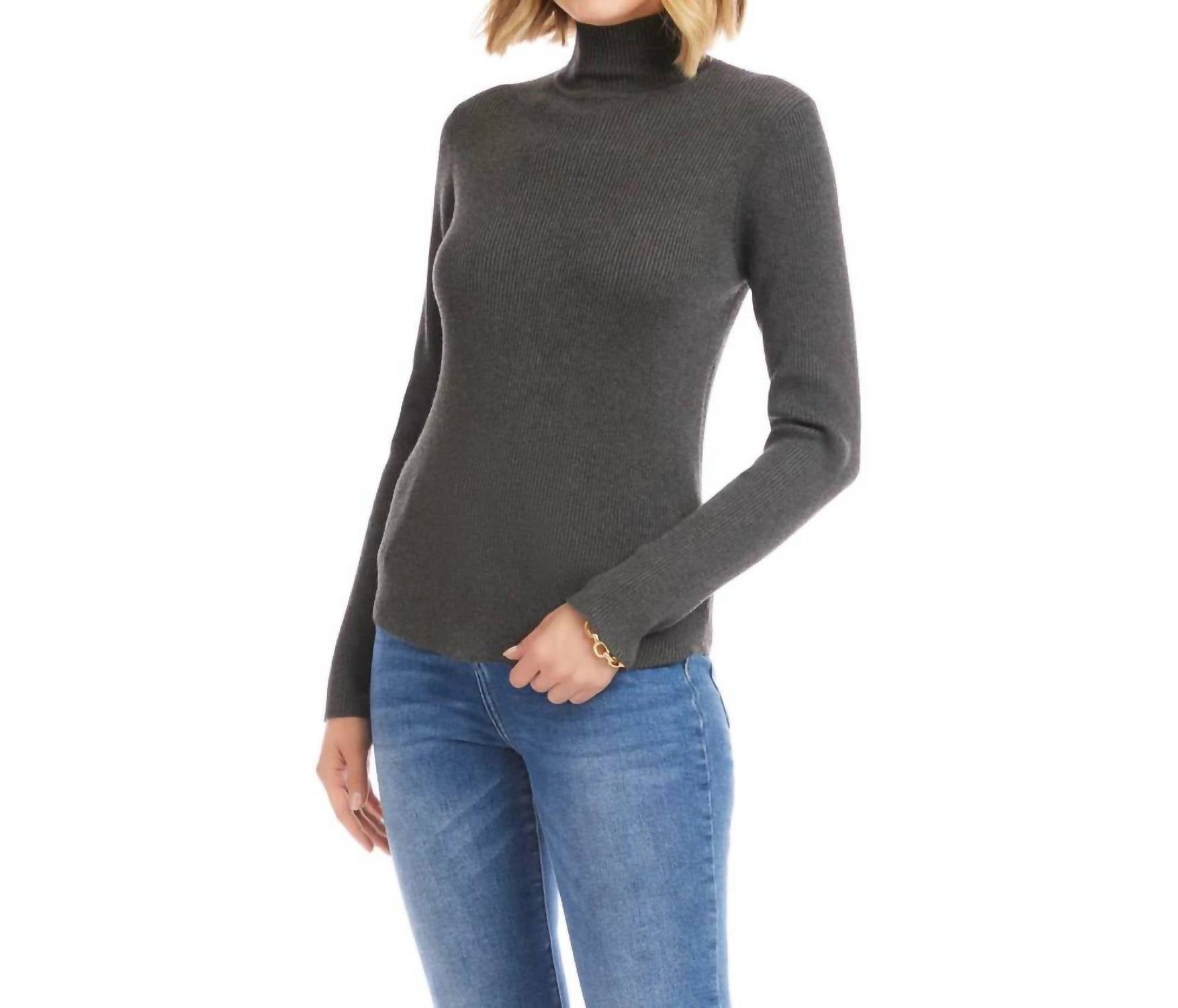 Karen Kane Ribbed Turtleneck Sweater in charcoal - women's sweater - detail view