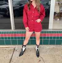 LE LIS Long Sleeve Collared Romper in crimson - women's pants
