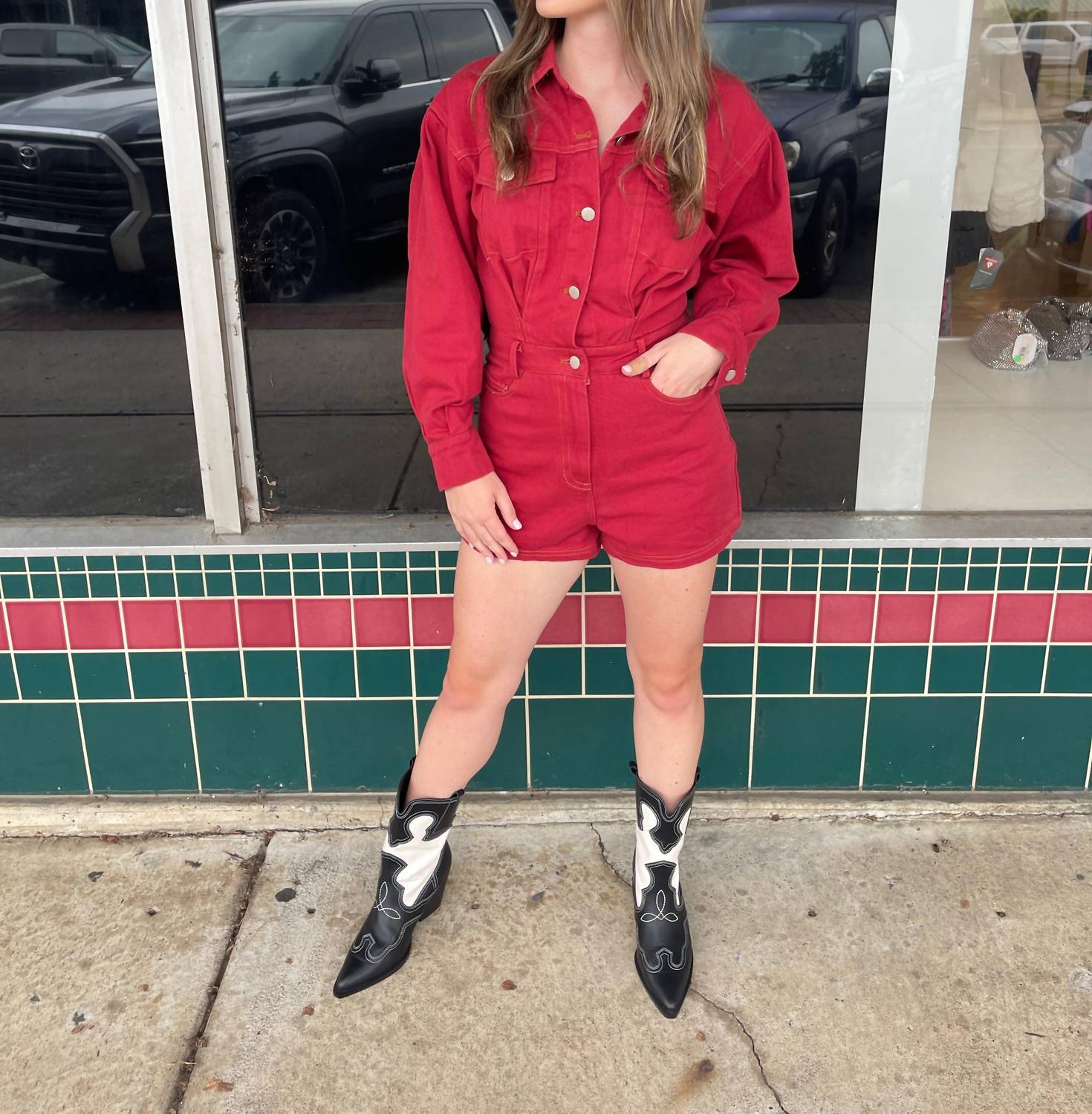 LE LIS Long Sleeve Collared Romper in crimson - women's pants