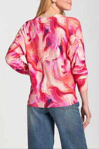 APNY Berry Marble Printed V-neck Pullover Top in pink - women's long sleeve top - detail view