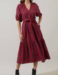 SUGARLIPS Chapman Plaid Wynette Tiered Midi Dress in red multi - women's dress