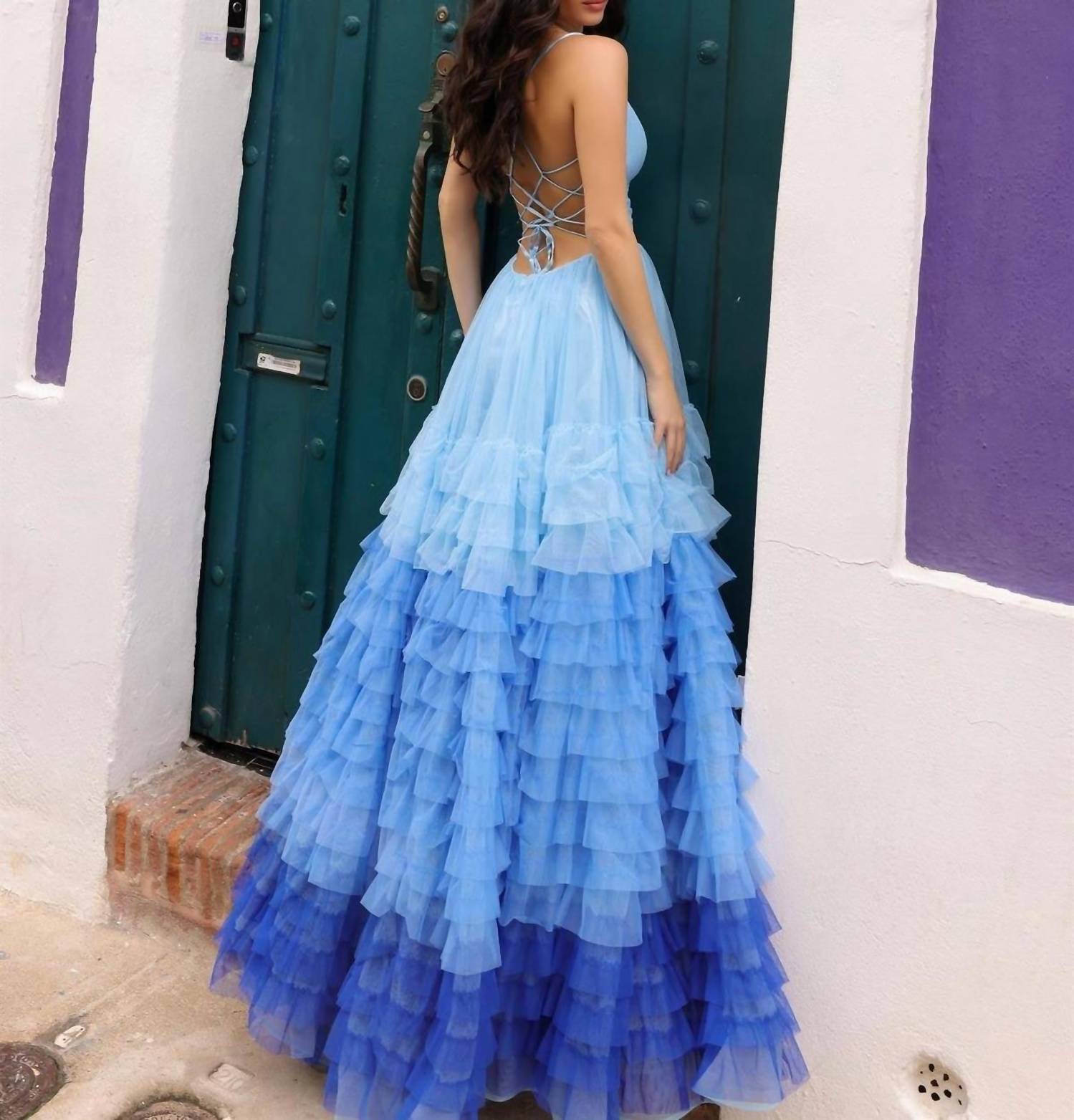 Nox Anabel - Spaghetti Strap Ruffled gown with a slit
