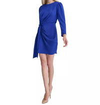 DKNY Women's Solid Side-knot Long-sleeve A-line Dress in royal blue - women's dress