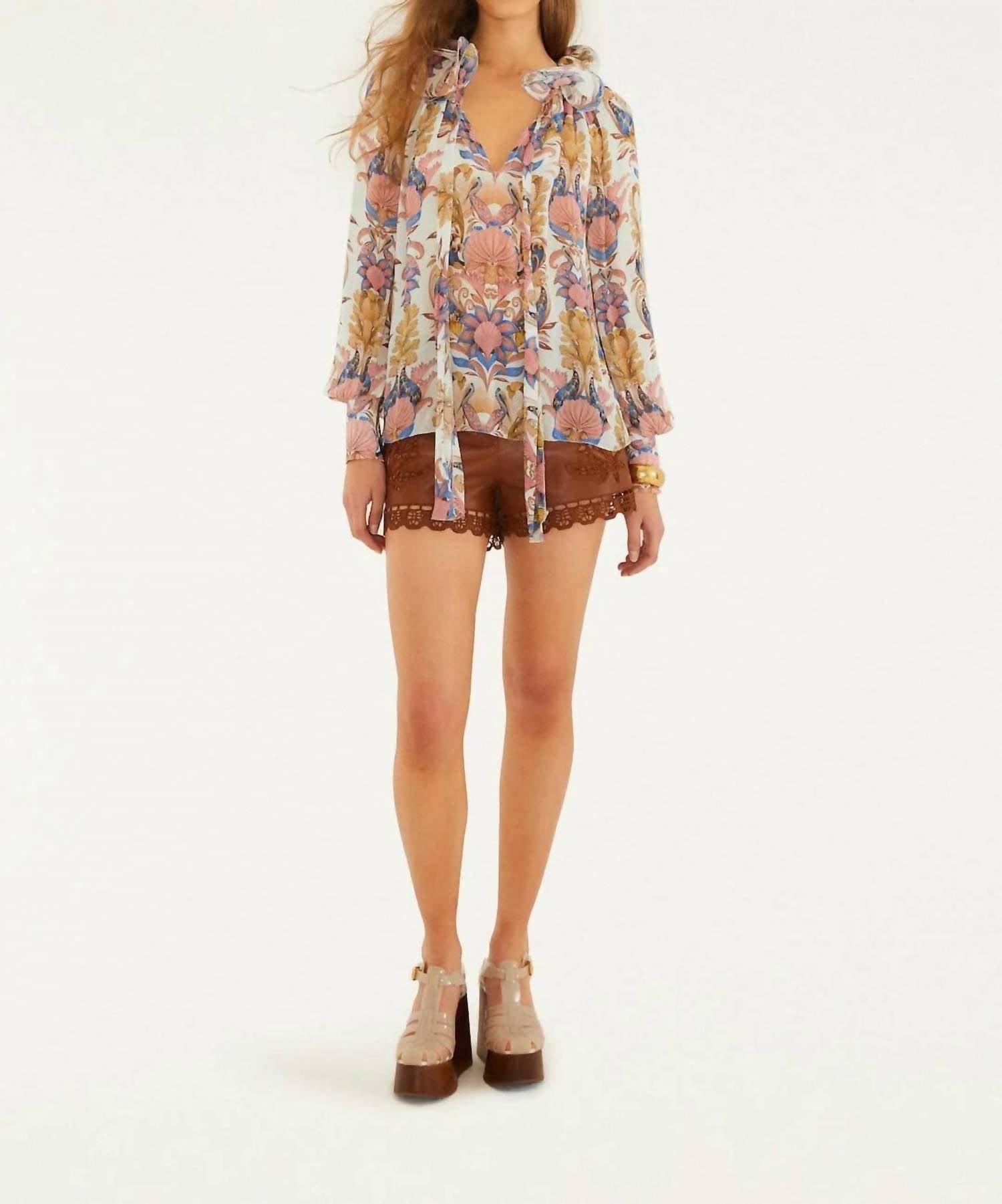 FARM RIO Sea Garden Ruffled Long Sleeve Blouse in off white - women's blouse