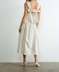 Creamon Margot Retro Bow Tie Back Smocked Midi Dress in beige - women's dress - view 4