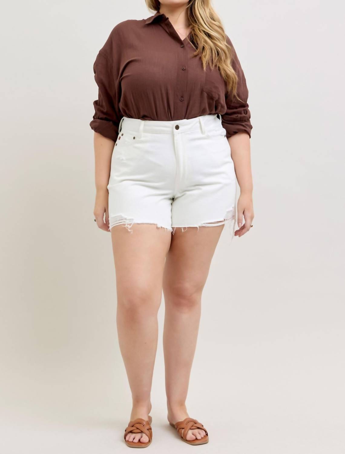 Judy Blue High Waist Rigid Magic Cell Phone Pocket Dad Denim Short in white - women's shorts - view 5