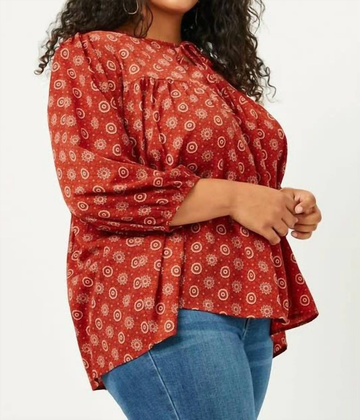 Hayden La - Tie Neck Floral Printed Peasant Top - Plus